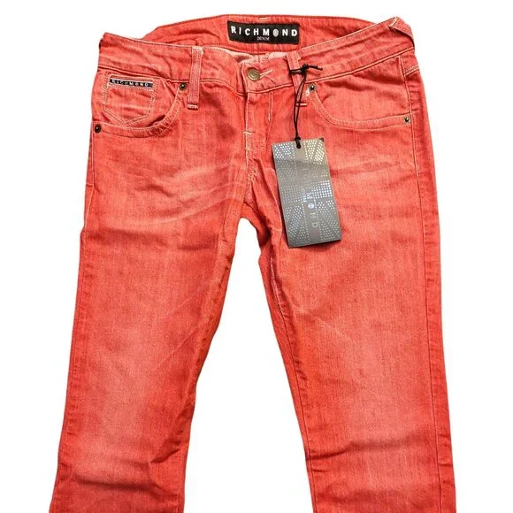 John Richmond Red Denim Capri Cropped Jeans Sz 28 NWT - Picture 1 of 11